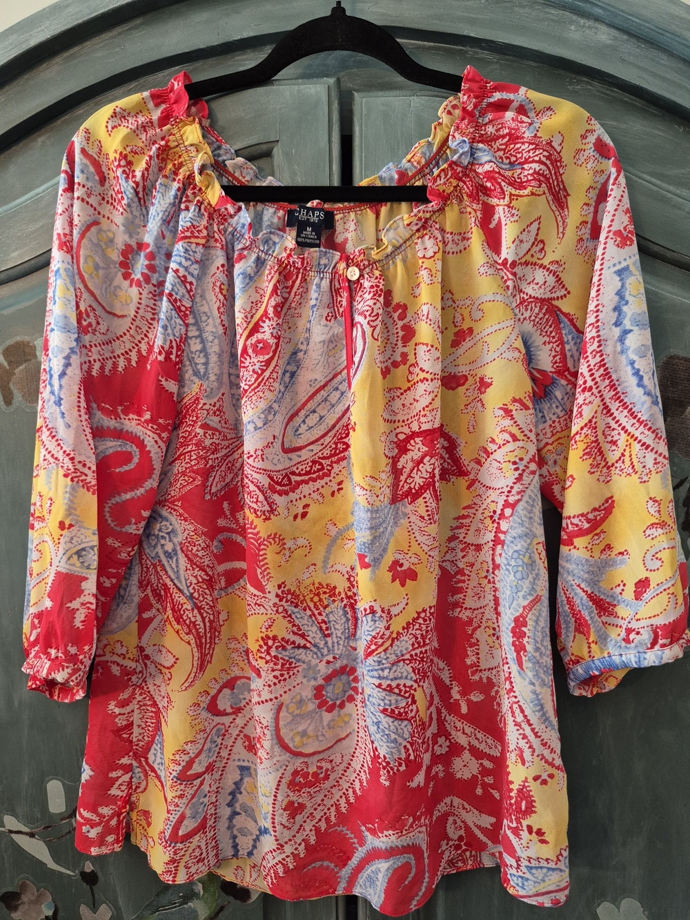 Chaps Women's Multicolor Paisley Peasant Blouse - Yellow/Red/Blue